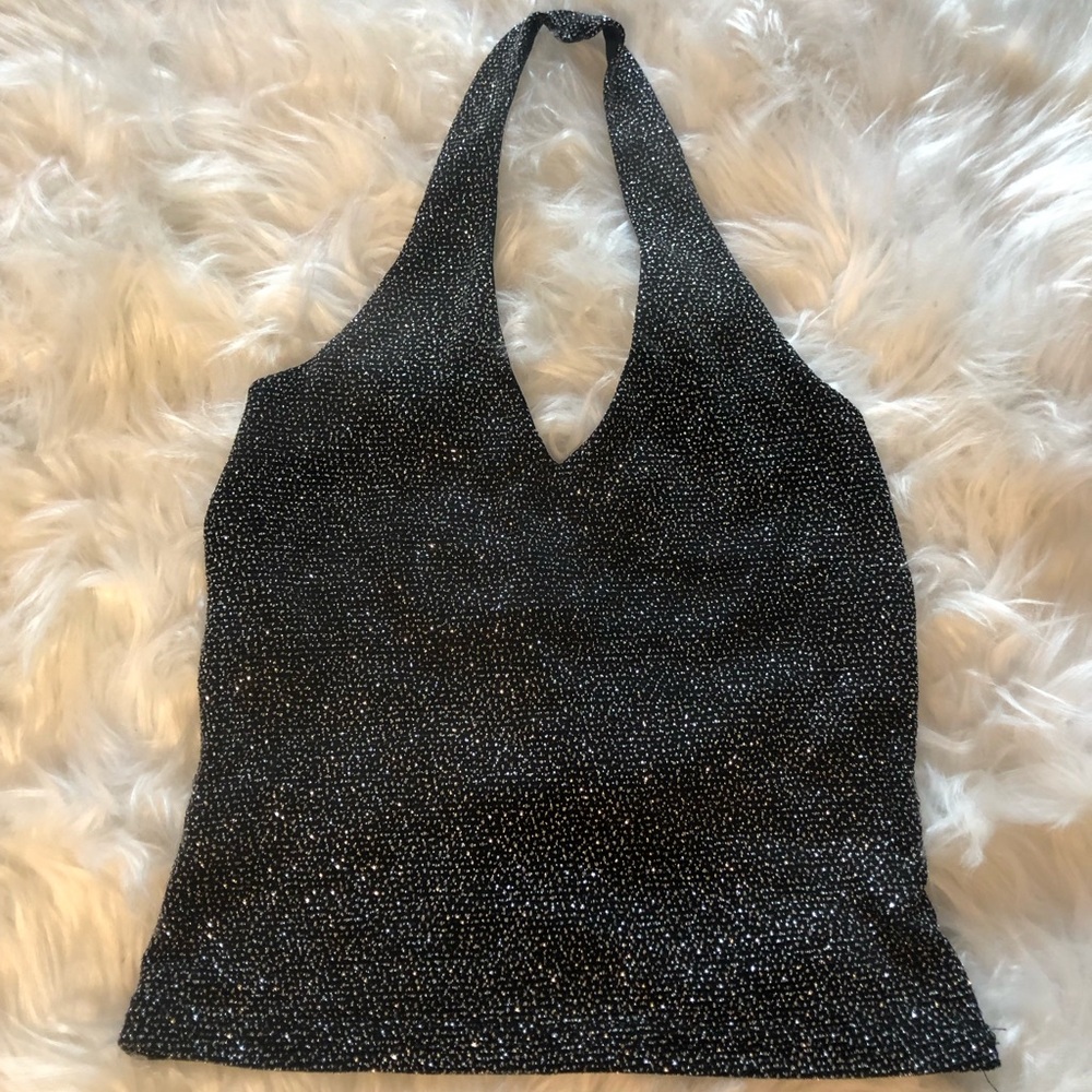 Studio Black Sequin Halter Open Back Shirt